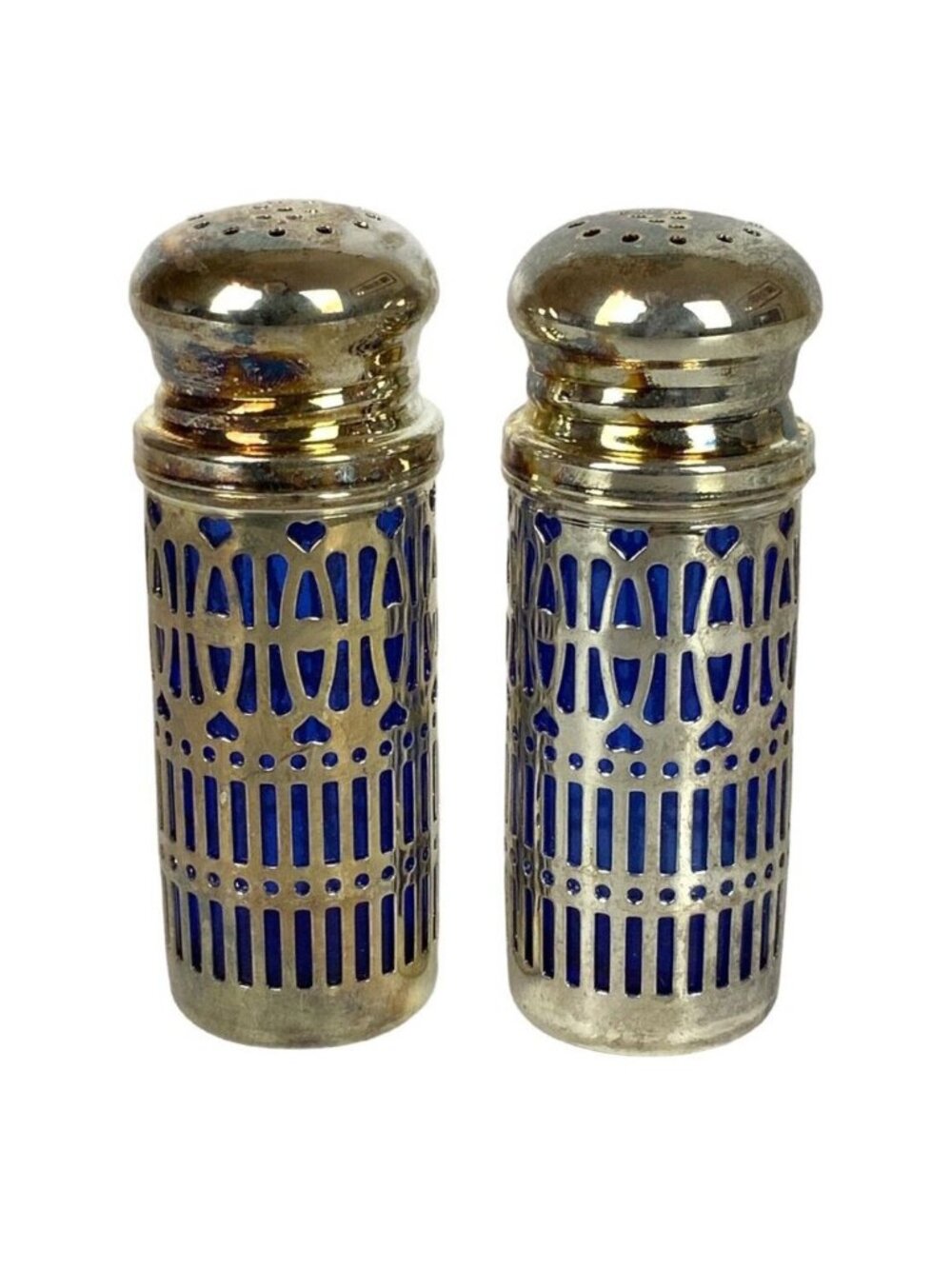 Godinger Filigree Silver Plate Cobalt Blue Glass Mini Salt Pepper Shakers
